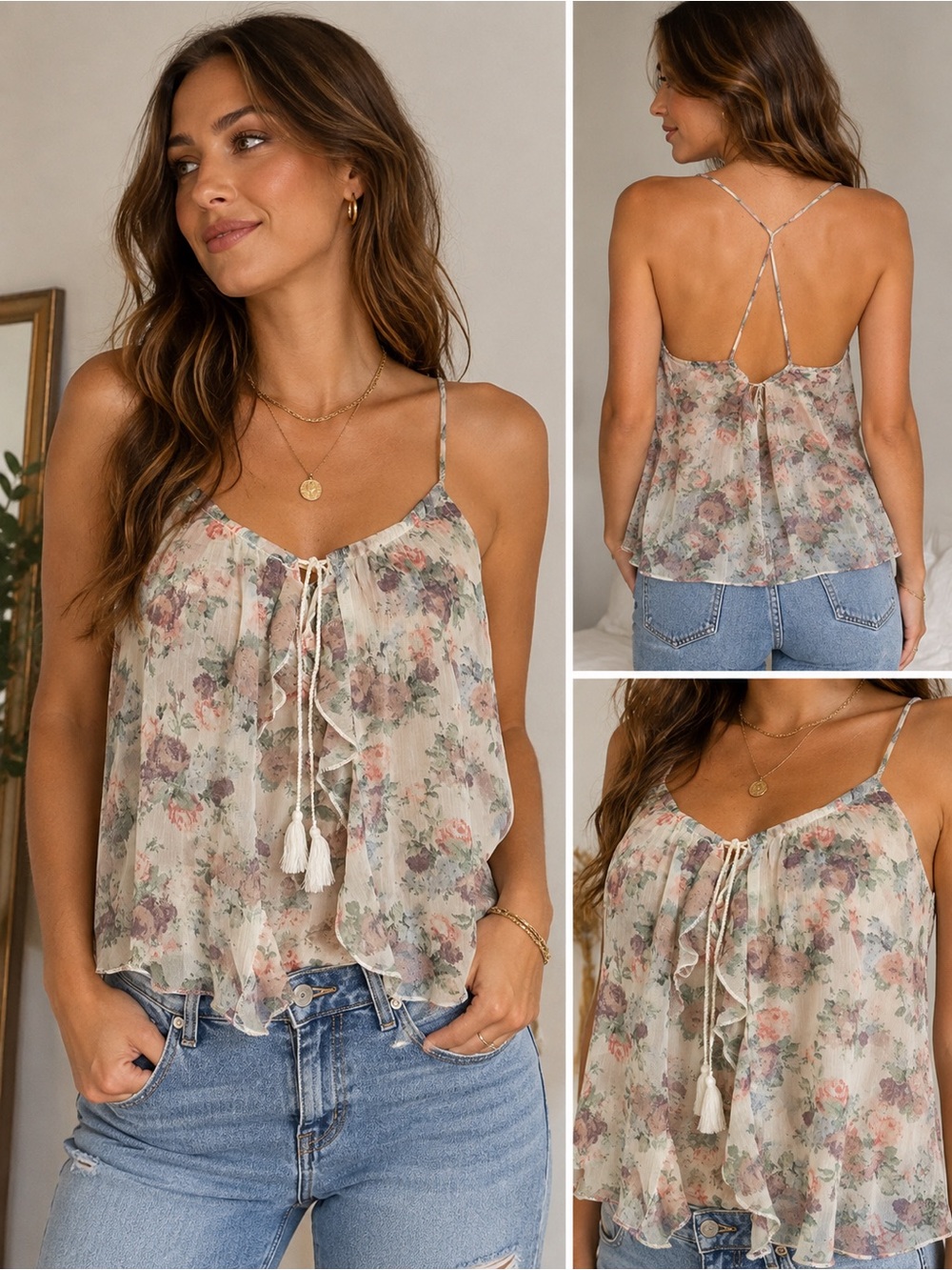 Abercrombie & Fitch NWT Floral Chiffon Ruffle Cami Top Y2K L